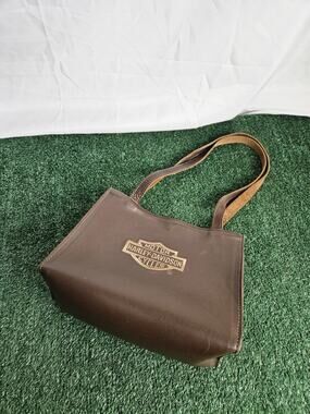 Vintage Harley Davidson Brown Embroidered Logo Leather Shoulder Bag Purse Tote